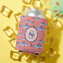 🌊🦈 Name + Watercolor Coral Shark Monogram  Can Cooler