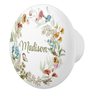 Name Watercolor Floral Wreath Colorful Drawer Knob