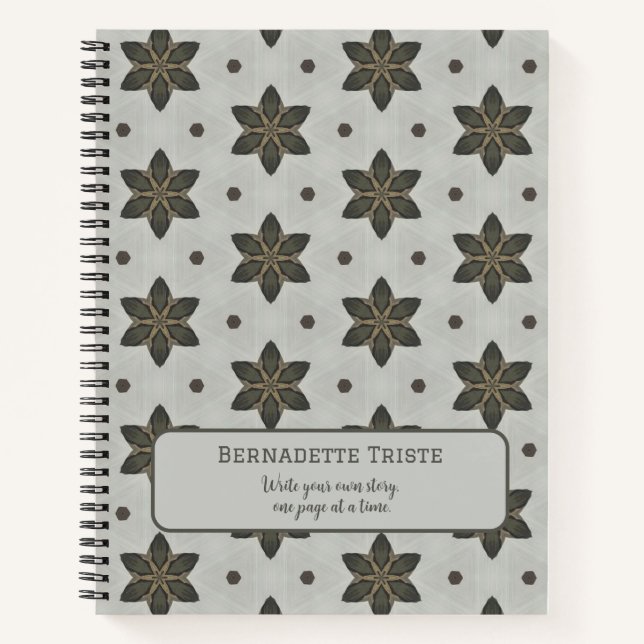 Name Watercolor Geometric Star Pattern Gray Brown Notebook (Front)
