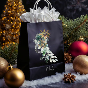 Name Watercolor Modern Foliage Merry Christmas Medium Gift Bag