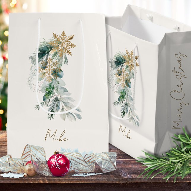Name Watercolor Modern Foliage Merry Christmas Medium Gift Bag (Creator Uploaded)