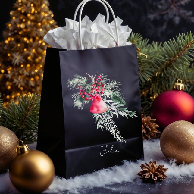 Name Watercolor Modern Script Merry Christmas Medium Gift Bag (Creator Uploaded)