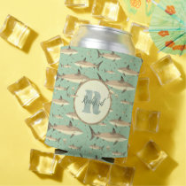 Name + Watercolor Monogram 🌊🐋 Green Shark  Can Cooler