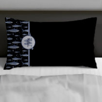 Name + Watercolor Monogram Shark | Black &amp; Blue Pillow Case