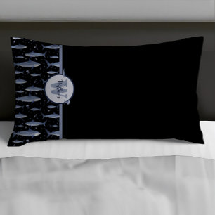 Name + Watercolor Monogram Shark Black & Blue Pillow Case