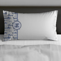 Name + Watercolor Monogram Shark | Blue &amp; White Pillow Case