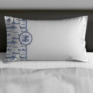 Name + Watercolor Monogram Shark Blue & White Pillow Case
