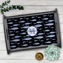 Name + Watercolor Monogram Shark Jellyfish | Black Serving Tray