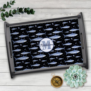 Name + Watercolor Monogram Shark Jellyfish Black Serving Tray