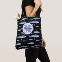 Name + Watercolor Monogram Shark Jellyfish | Black Tote Bag