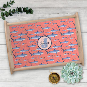 Name + Watercolor Monogram Shark Jellyfish   Coral Serving Tray