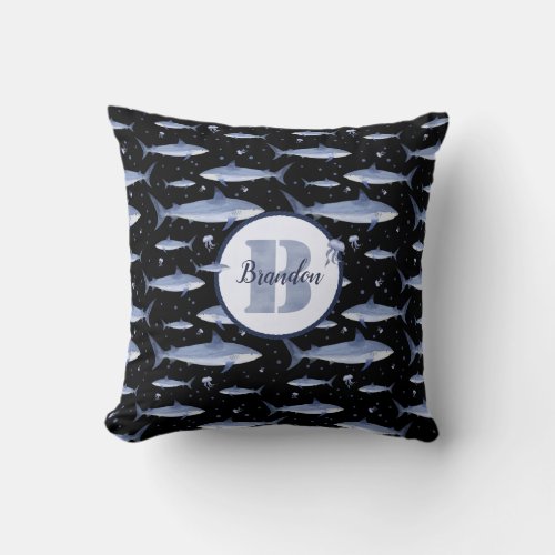 Name  Watercolor Monogram Shark Jellyfish Pattern Throw Pillow