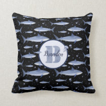 Name + Watercolor Monogram Shark Jellyfish Pattern Throw Pillow