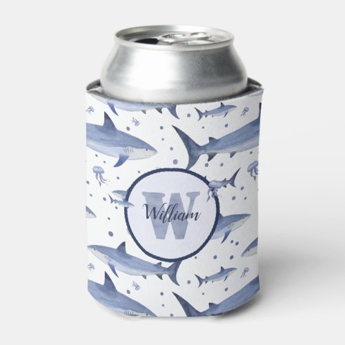 Name  Watercolor Monogram Shark Jellyfish  White Can Cooler