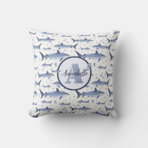 Name + Watercolor Monogram Shark Jellyfish | White Throw Pillow