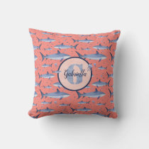 Name + Watercolor Monogram Shark Pattern | Coral Throw Pillow