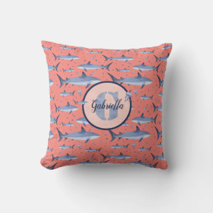 Name + Watercolor Monogram Shark Pattern Coral Throw Pillow