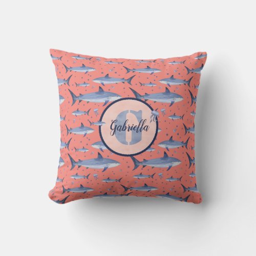 Name  Watercolor Monogram Shark Pattern  Coral Throw Pillow