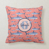 Name + Watercolor Monogram Shark Pattern | Coral Throw Pillow