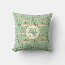 Name + Watercolor Monogram Shark Pattern | Green Throw Pillow