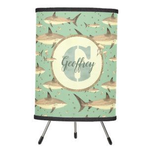 Name + Watercolor Monogram Shark Pattern Green Tripod Lamp