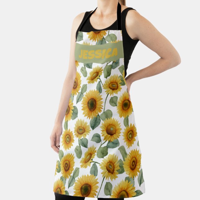 Name Watercolor Sunflower Floral Pattern Custom Apron (Insitu)