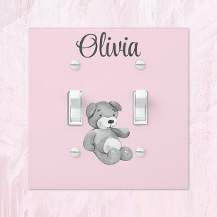 Name, Watercolor Teddy Bear on Pink Nursery Double Light Switch Cover