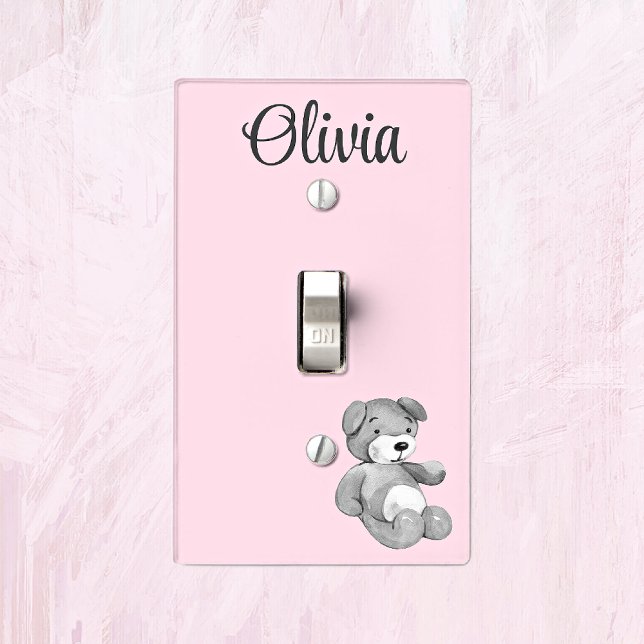 Name, Watercolor Teddy Bear, Pink Nursery Light Switch Cover (Creator Uploaded)