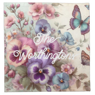 Name Watercolor Vintage Pansies Flowers Pastels  Cloth Napkin