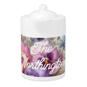 Name Watercolor Vintage Pansies Flowers Pastels Teapot