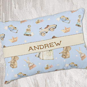 Name Watercolor Vintage Toys Pattern Blue Accent Pillow