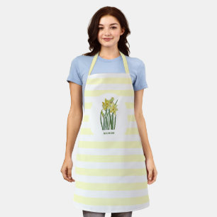 Name Watercolor Yellow Daffodils White Stripes Apron
