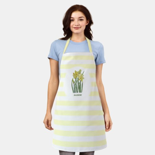 Name Watercolor Yellow Daffodils White Stripes Apron