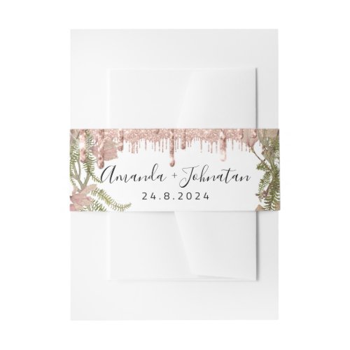 Name Wedding Drips Rose Floral White Mint Invitation Belly Band