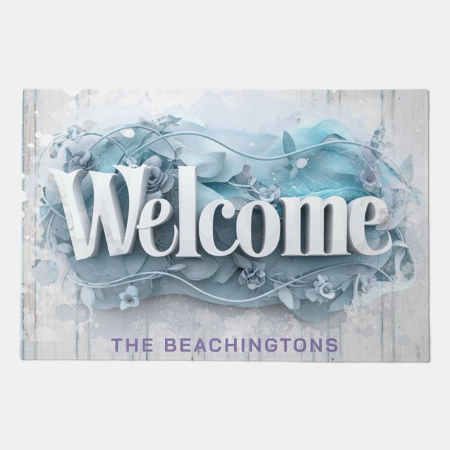 *~* Name WELCOME  AP80 Rustic Soft Blue Flowers Doormat (Front)