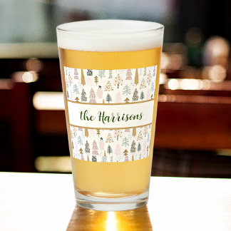 Name, Whimsical Winter Trees Pattern Pint Beer Glass