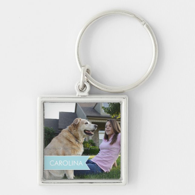 Name White Blue Banner Personalized Photo Keychain (Front)