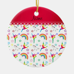 Name white gymnastics rainbows unicorns ceramic ornament