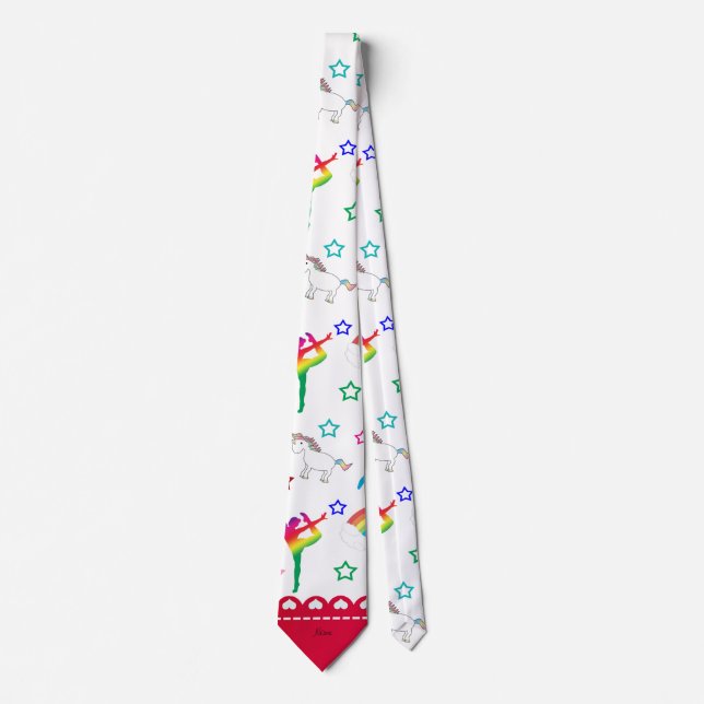 Name white gymnastics rainbows unicorns neck tie (Front)