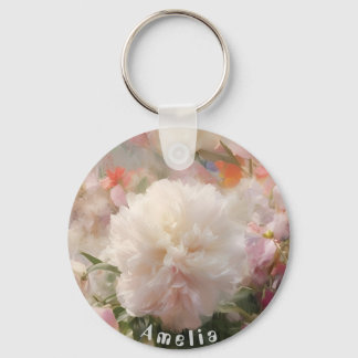 Name White & Pink Peonies Watercolor Painting Keychain