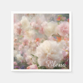 Name White & Pink Peonies Watercolor Painting Napkins
