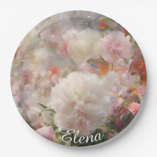 Name White & Pink Peonies Watercolor Painting Paper Plates