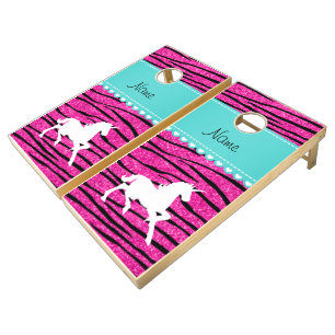 Name white unicorn hot pink glitter zebra stripes cornhole set