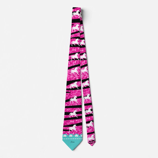 Name white unicorn hot pink glitter zebra stripes tie (Front)