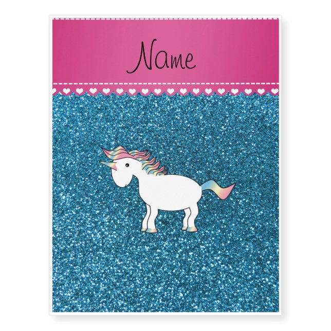Name white unicorn sky blue glitter temporary tattoos (Front)
