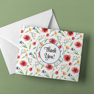 Name, Wildflowers Red Poppies Yellow Buttercups Letterpress Thank You Card