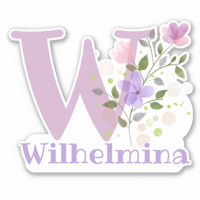 Name Wilhelmina & Initial with Floral Design Sticker (Front)
