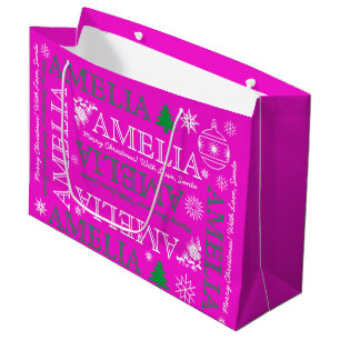 Name with 6 Letters Modern Pink Christmas Pattern Large Gift Bag