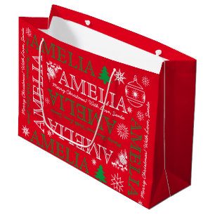 Name with 6 Letters Red Green Christmas Pattern Large Gift Bag