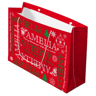 Name with 6 Letters Red Green Christmas Pattern Large Gift Bag